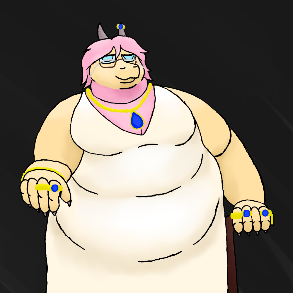 A proudly obese dragoness is looking confidently at the viewer as she holds her right claw out to be kissed in greeting. Her body is pink and yellow, but she is covered by a cream, floor-length dress. Her body is adorned with gold rings, and a gold necklace and bracelet. Some have sapphire. She is wearing reading glasses with a chain and holding a walking cane. The artwork is soft-shaded.
